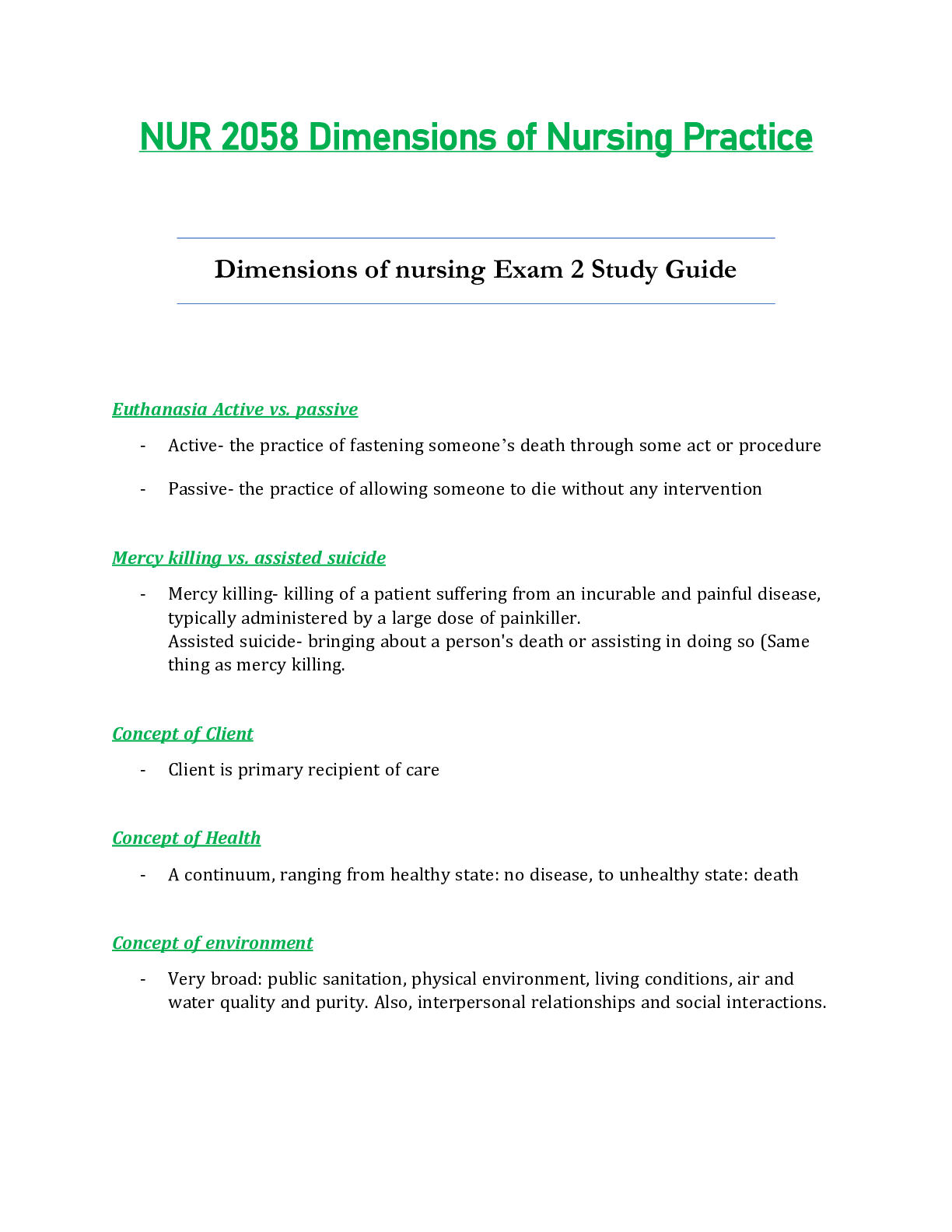 NUR 2058 / NUR2058 Exam 2 Study Guide Updated: Dimensions of Nursing Practice - Rasmussen